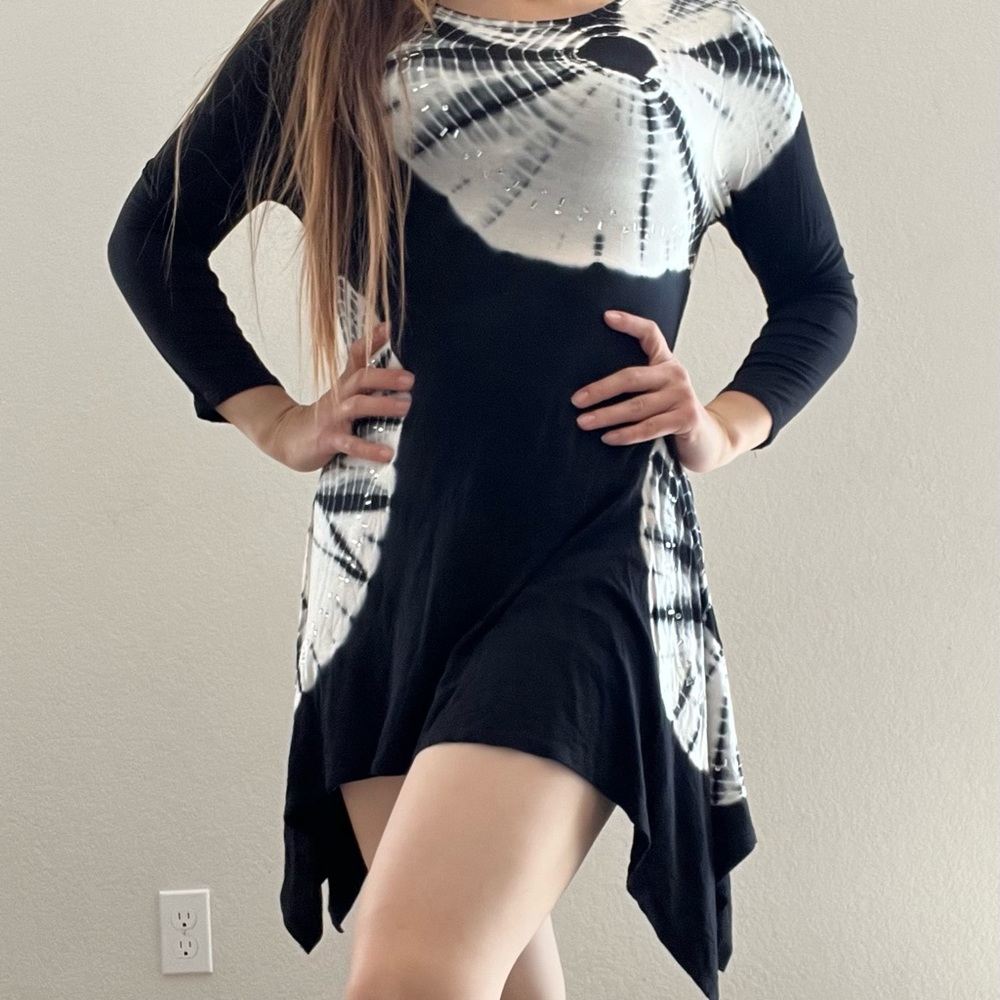 Long Sleeve Asymmetrical Midi Dress with Rhinestones